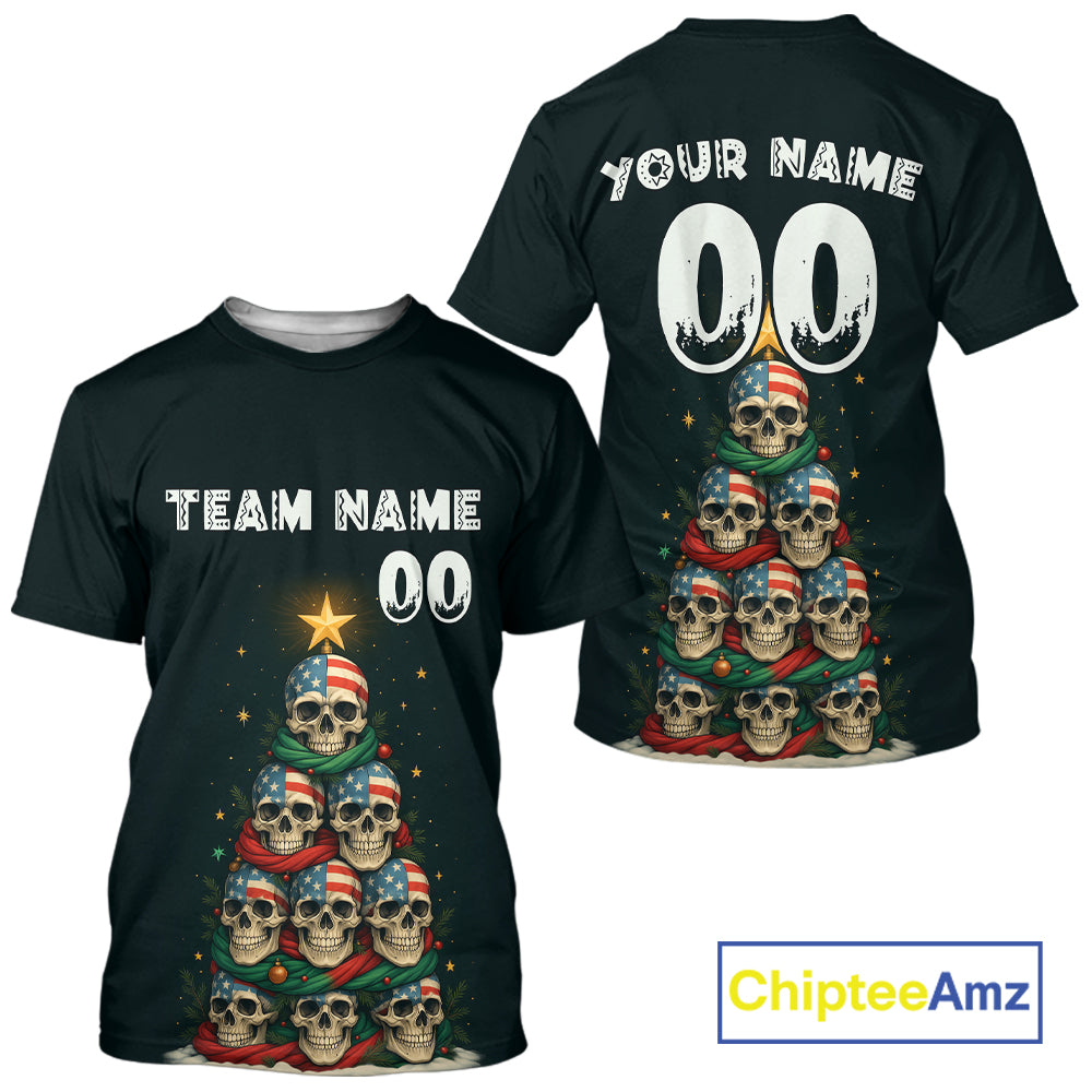 Custom US Flag Skull Christmas Baseball T-Shirt For Men Funny Skull Xmas Baseball Jerseys NYN1310