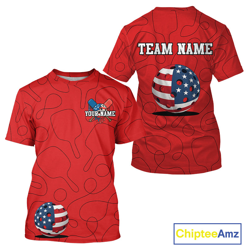 Custom Red Patriotic Pickleball T-Shirt For Men Outfits US Flag Pickleball Jersey NYN0918