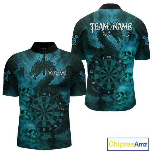Custom Skull Dragon Turquoise Dartboard Men Polo & 1/4-Zip Dart Shirt, Darts Team Jerseys NYN1092