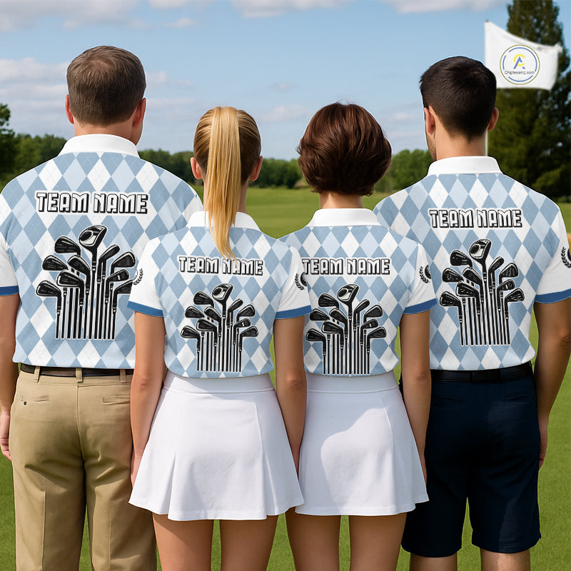 Mens Argyle Pattern Golf Polo Shirts, Blue Argyle Golf Attire Custom Golf Clubs Pattern Upf Shirts NYN2999