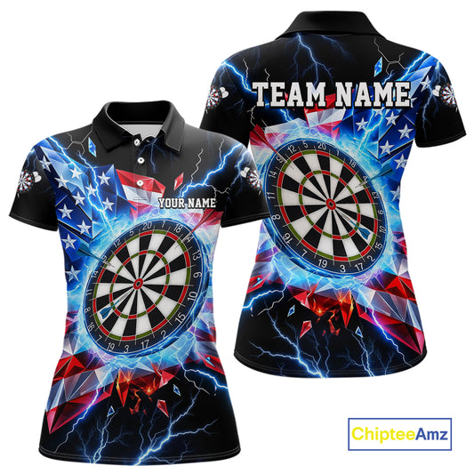 Broken Glass US Flag Darts Polo 1/4-Zip Shirt For Women Custom Blue Lightning Darts Tournament Jersey NYN4742