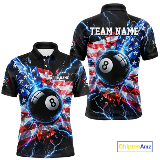 Broken Glass US Flag Billiard Shirt For Men Custom 8 Ball Blue Lightning Billiard Pool Tournament Shirt NYN4743