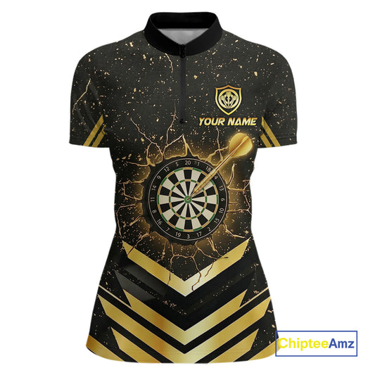 Black And Gold Dartboard Women Dart Polo & 1/4-Zip Shirt Custom Cracked Dart Jersey For Darters NYN3002