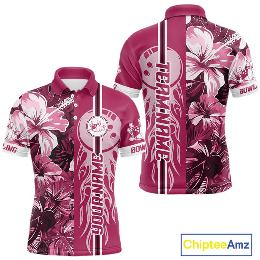 Pink Tropical Flower Flame Bowling Polo Quarter Zip Shirts For Men Custom Bowler Gift Bowling Team NYN4756