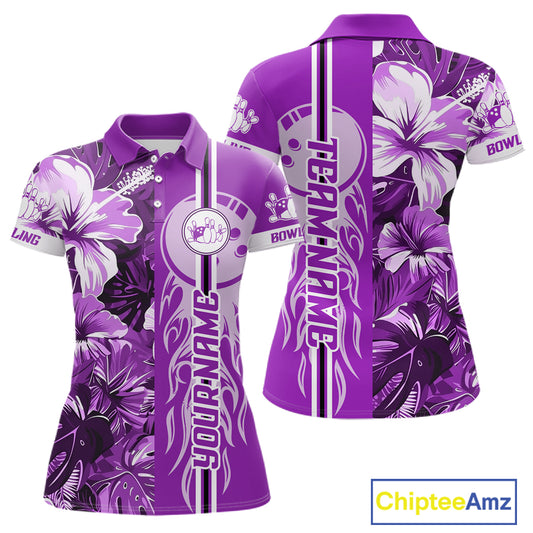 Purple Tropical Flower Flame Bowling Polo Quarter Zip Shirts For Women Custom Bowler Gift Bowling Team NYN4757