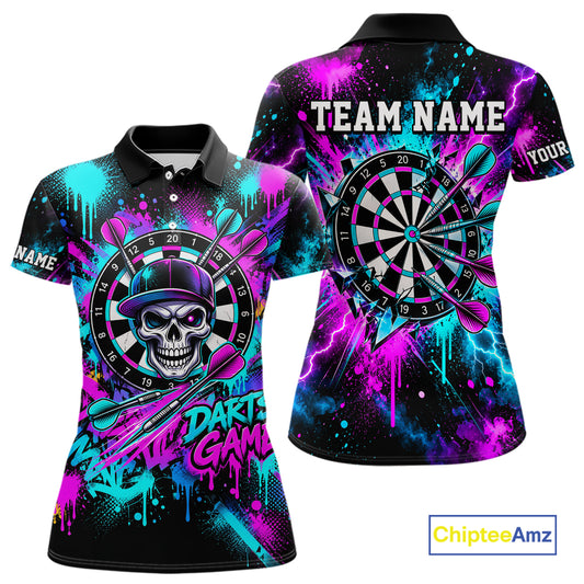 Skull Graffiti Darts Polo 1/4-Zip Shirt For Women Purple Blue Thunder Cracked Darts Team Apparel Jersey NYN4786