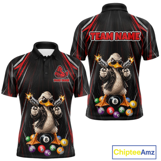 Grunge Duck Gun 8 Ball Mens Billiard Polo Shirts Custom Black And Red Funny Billiard Team Apparel NYN4818