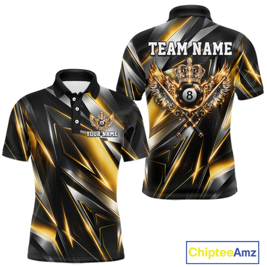 Custom Crown 8 Ball Wings Billiard Polo 1/4-Zip Shirt For Men Silver & Gold Billiard Pool Team Jersey NYN4825