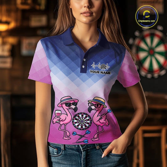 Custom Funny Pink Couple Flamingo Custom Dart Polo Shirts For Women Dart Team Jerseys NYN2187