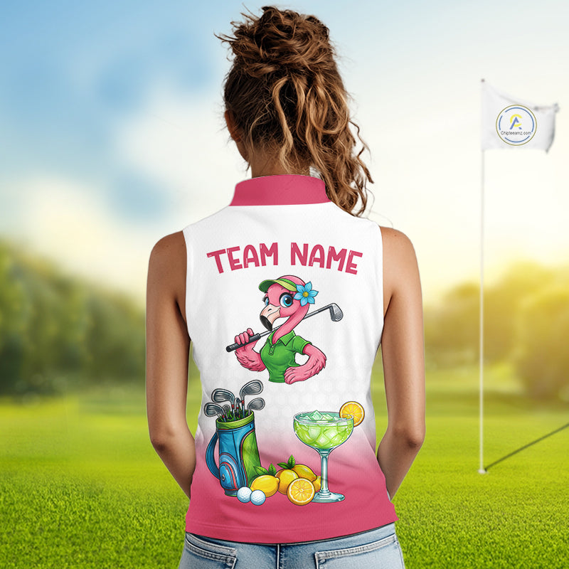 Womens Flamingo Tropical Sleeveless Polo Golf Shirts Custom Pink And White Ball Golf Attire For Golfers NYN3061
