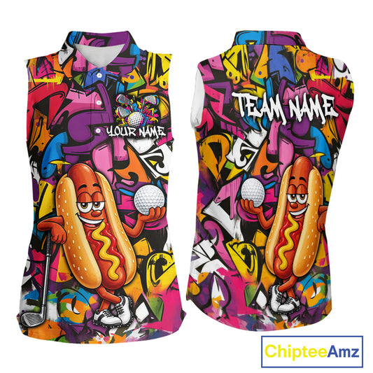 Personalized Name Golf Shirt For Women Funny Hotdog Golf Jersey Colorful Graffiti Golf Sleeveless Polo Shirt NYN4460