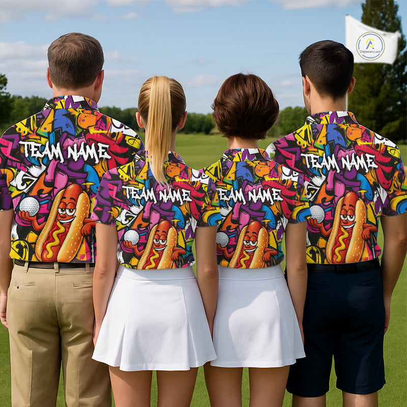 Personalized Name Golf Shirt For Men Funny Hotdog Golf Jersey Colorful Graffiti Golf Polo Shirt NYN4460