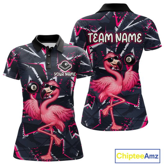 Custom Flamingo Women Billiard Polo 1/4-Zip Shirt Pink Strikes 8 Ball Billiard Fun Pool Team Uniform NYN4482