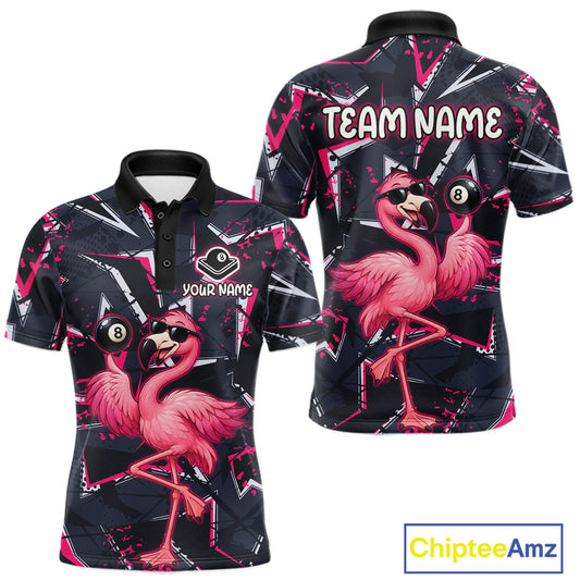 Custom Flamingo Men Billiard Polo 1/4-Zip Shirt Pink Strikes 8 Ball Billiard Fun Pool Team Uniform NYN4482