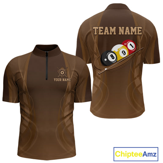 Brown 8 Ball 9 Ball Billiard Polo 1/4-Zip Shirt For Men Custom Billiard Pool Team Jersey NYN4494