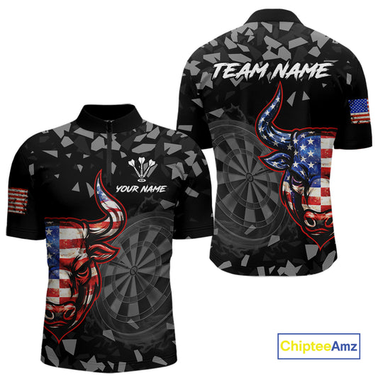 USA Flag Bull & Dartboard Custom Grunge Men Darts 1/4-Zip Shirt Patriotic Darts Team Jersey NYN2717