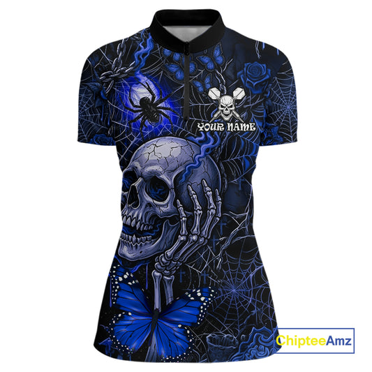 Custom Blue Skull Butterfly Women Dart Shirts Spider Smoke Dartboard Darts Polo & 1/4-Zip Jerseys NYN3077