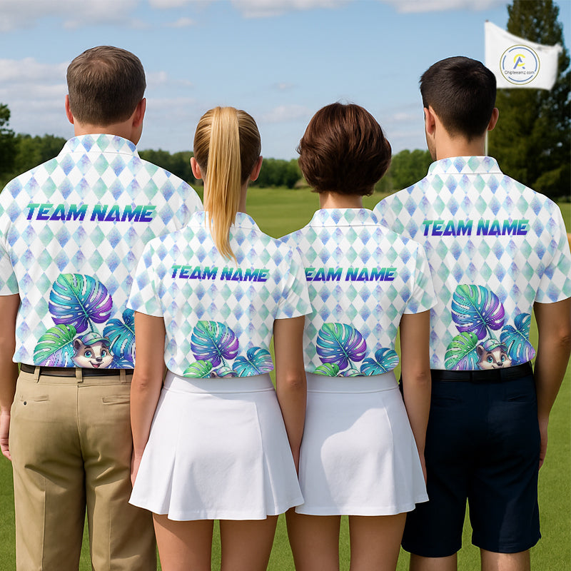 Funny Mens Golf Polo Shirt Holographic Argyle Monstera Golf Ball Personalized Raccoon Golf Shirts NYN3094