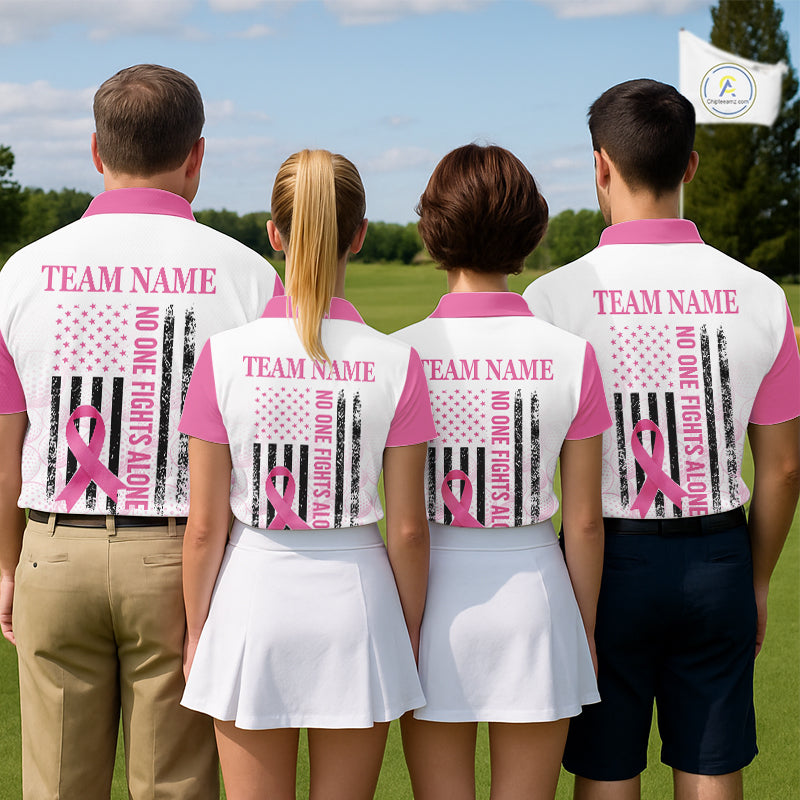 Pink Ribbon Breast Cancer Awareness Mens Polo Shirt Custom US Flag Patriotic Golf Shirt For Men NYN3099