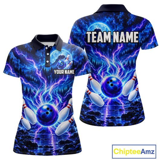 Blue Lightning Bowling Polo 1/4-Zip Shirt For Women Personalized Thunder & Moon Bowling Jersey NYN4554