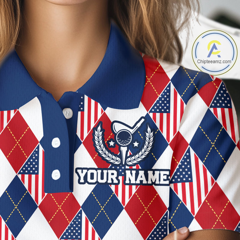 American Flag Argyle Golf Polo Shirt For Women Custom Red White Blue Argyle Golf Team Shirts NYN4929