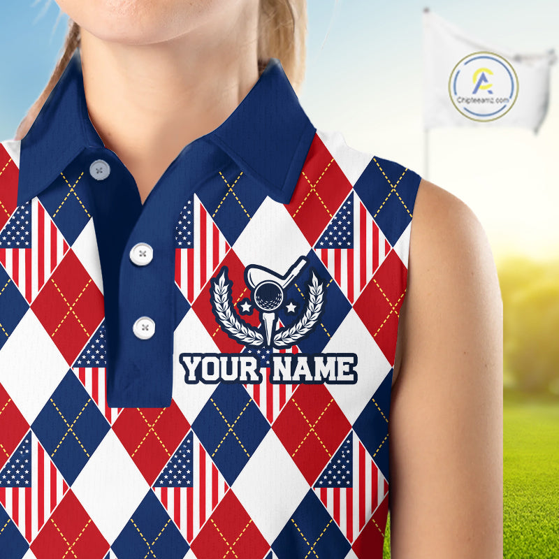 American Flag Argyle Golf Sleeveless Polo Shirt For Women Custom Red White Blue Argyle Golf Team Shirts NYN4929