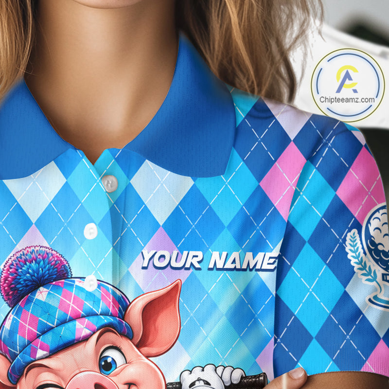 Cute Pig Funny Golf Polo Shirt For Women Custom Blue Pink Argyle Plaid Golf Tounament Jersey NYN4936