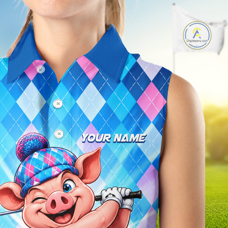 Cute Pig Funny Golf Sleeveless Polo Shirt For Women Custom Blue Pink Argyle Plaid Golf Tounament Jersey NYN4936