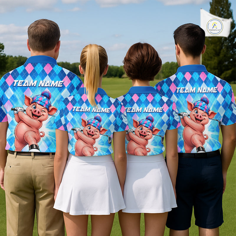 Cute Pig Funny Golf Polo Shirt For Men Custom Blue Pink Argyle Plaid Golf Tounament Jersey NYN4936