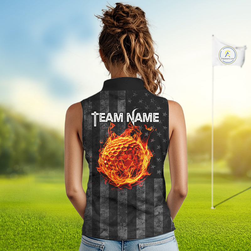 Red Flaming Torn US Flag Womens Golf Sleeveless Polo Shirt Custom Name Golf Top Shirt For Team, Golf Gift NYN4154