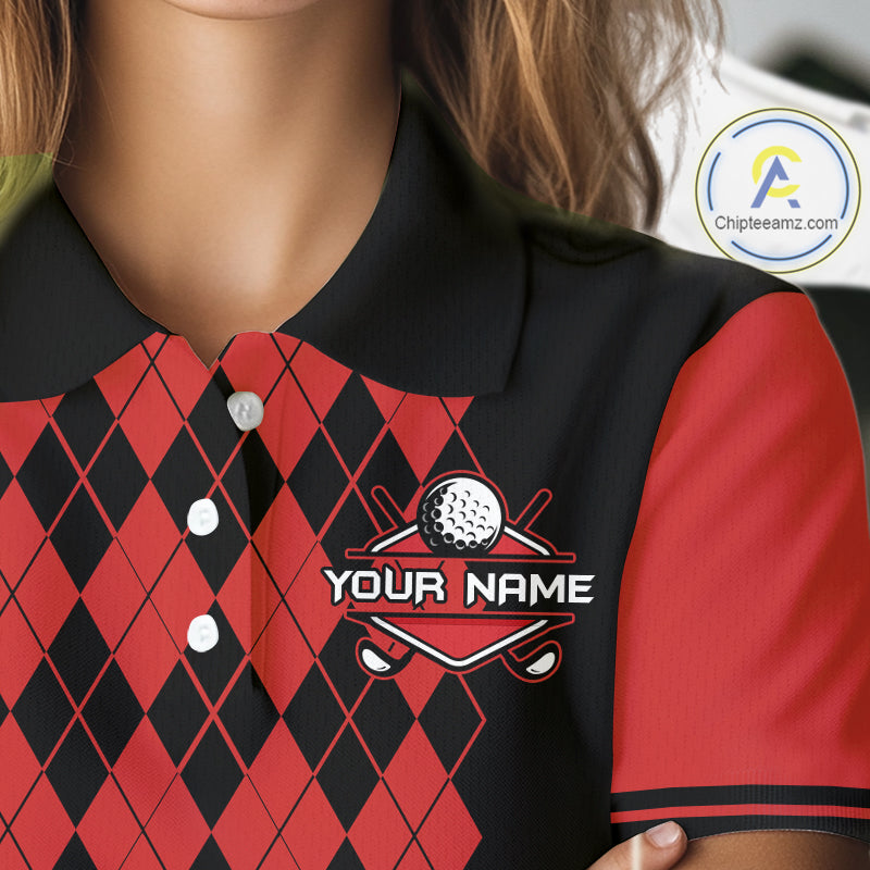 Argyle Golf Polo Shirt For Women Personalized Red Argyle Golf Shirt Short Sleeve Golf Apparel NYN4565