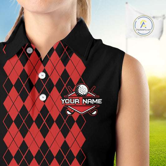 Argyle Golf Sleeveless Polo Shirt For Women Personalized Red Argyle Golf Shirt Short Sleeve Golf Apparel NYN4565