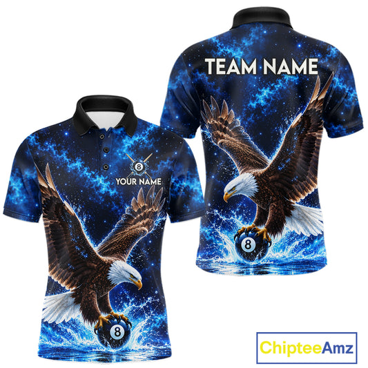 Custom Watering Eagle 8-Ball Billiard Polo Shirt For Men Personalized Blue 8-Ball Pool Jersey NYN4576