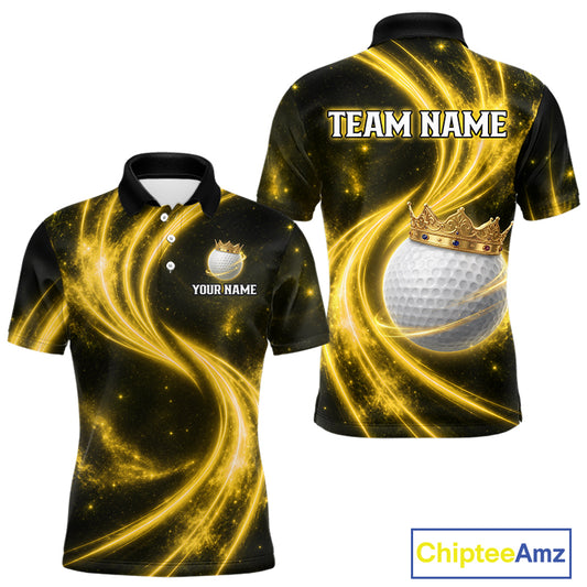 Men's galaxy yellow crown golf ball polo shirt, custom golf apparel, crown golf ball golf shirt, men's golf clothing