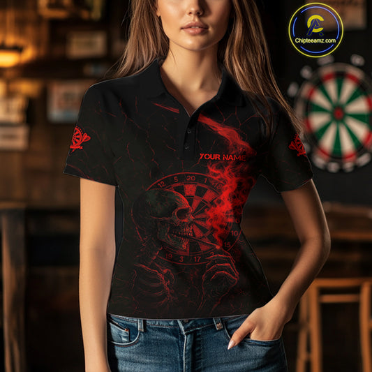 Red Smoking Skeleton Bone Cracked Dartboard Custom Women Polo Dart Jerseys Dart Gifts NYN2033