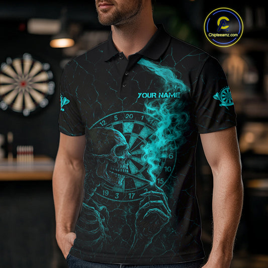 Teal Smoking Skeleton Bone Cracked Dartboard Custom Men Polo Dart Jerseys Dart Gifts NYN2034