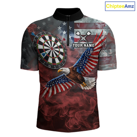 Red Grey Smoke American Flag Eagle Darts Team Shirt For Men Custom Patriotic Dart Polo 1/4-Zip Jersey NYN4202