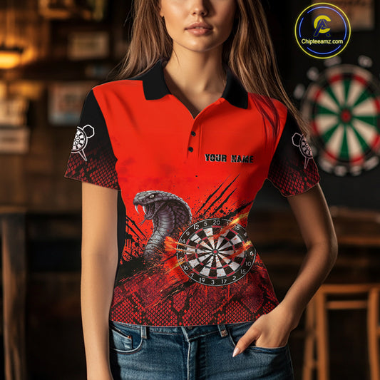 Black & Red Leather Cobra Darts Custom Women Dart Polo Jersey Splatter Dart League Shirt NYN2047