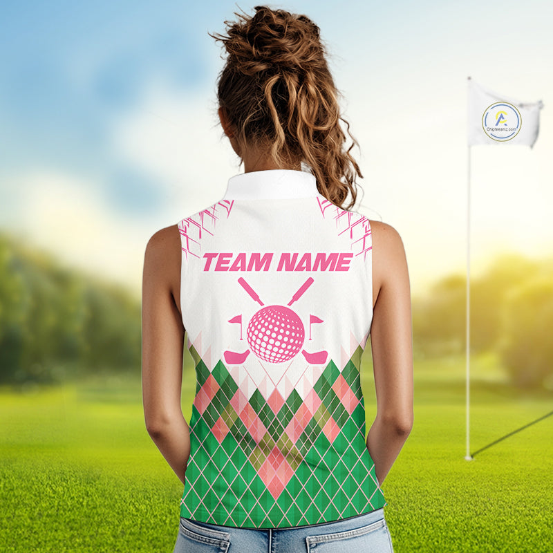 Women Golf Clothing Green And Pink Argyle Pattern Sleeveless Golf Polo Shirt Custom Golf Upf Shirts NYN2930