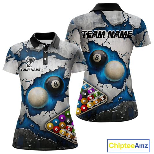 Blue And Grey Cracked 8 Ball Billiard Polo & 1/4 Zip Shirt For Women Custom Billiard Pool Team Shirt NYN2942