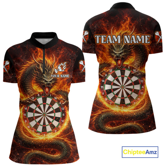 Personalized Red Flaming Dragon Dartboard Women Darts 1/4-Zip Shirt Custom Darts Team Jerseys NYN2582