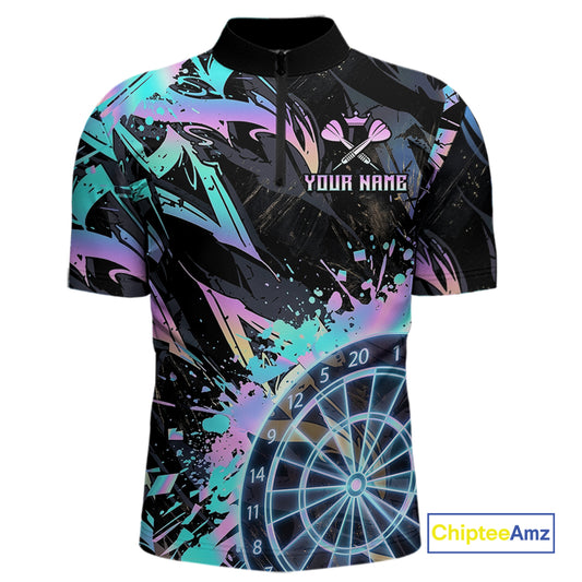 Holographic Splatter Dartboard Men Dart Polo & 1/4-Zip Shirt Custom Name Dart Jersey For Darters NYN2966