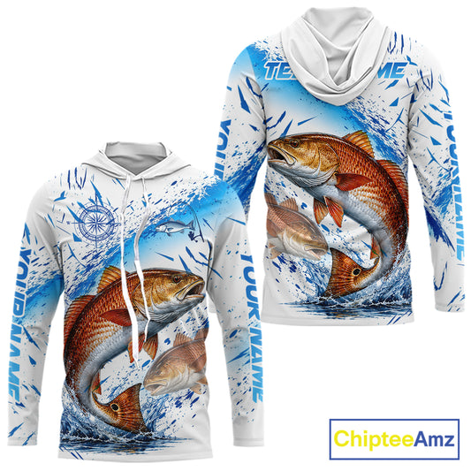 Custom Name Redfish Splash Fishing Performance Shirt, Compass Red Drum Angler Apparel For Men NYN4316