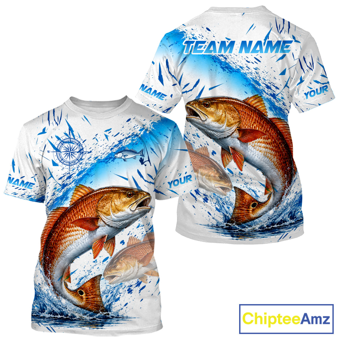 Custom Name Redfish Splash Fishing Performance Shirt, Compass Red Drum Angler Apparel For Men NYN4316