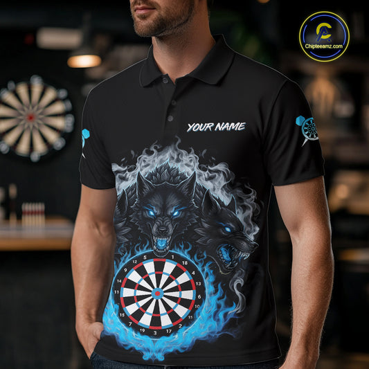 Grey And Blue Flames Wolf Custom Men's Funny Dart Polo Shirts Team Dart League Jerseys NYN2079