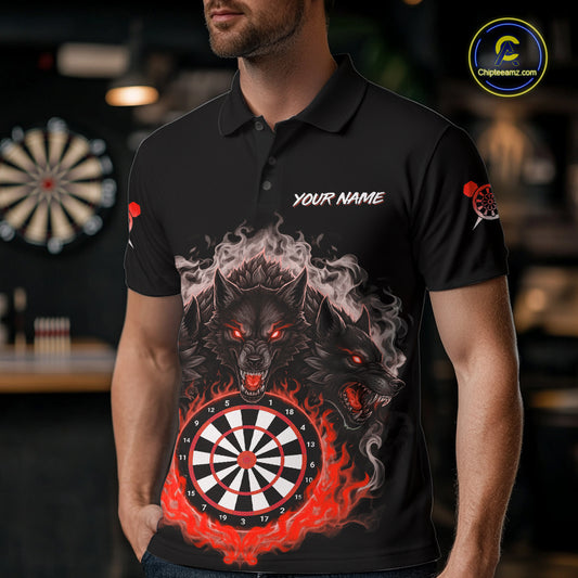 Grey And Red Flames Wolf Custom Men's Funny Dart Polo Shirts Team Dart League Jerseys NYN2081
