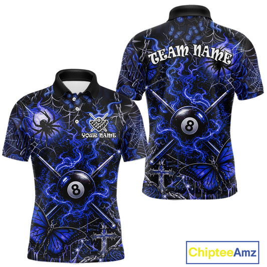 Personalized 8 Ball Blue Smoke Billiard Team Name Shirt Gothic Spider Butterfly Pool Ball Billiard For Men NYN4697
