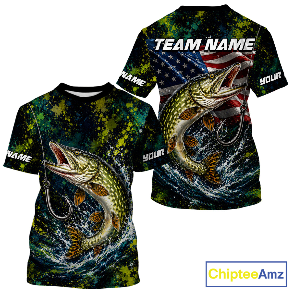 Personalized Pike Splatter US Flag Fishing Jersey Custom Name Long Sleeve Fishing Shirt For Men NYN4363