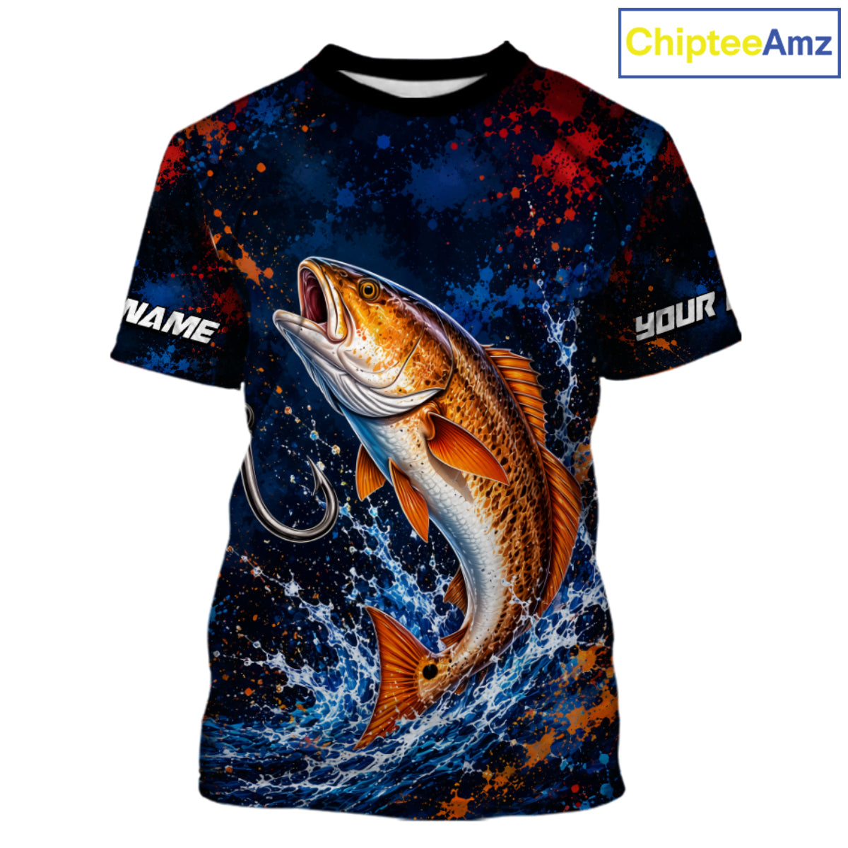 Personalized Redfish Splatter US Flag Fishing Jersey Custom Name Long Sleeve Fishing Shirt For Men NYN4364