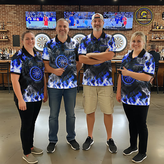 Blue Flaming Tiger Men Dart 1/4-Zip Shirts Personalized Name & Team Fire Flame Dart Jerseys NYN2103